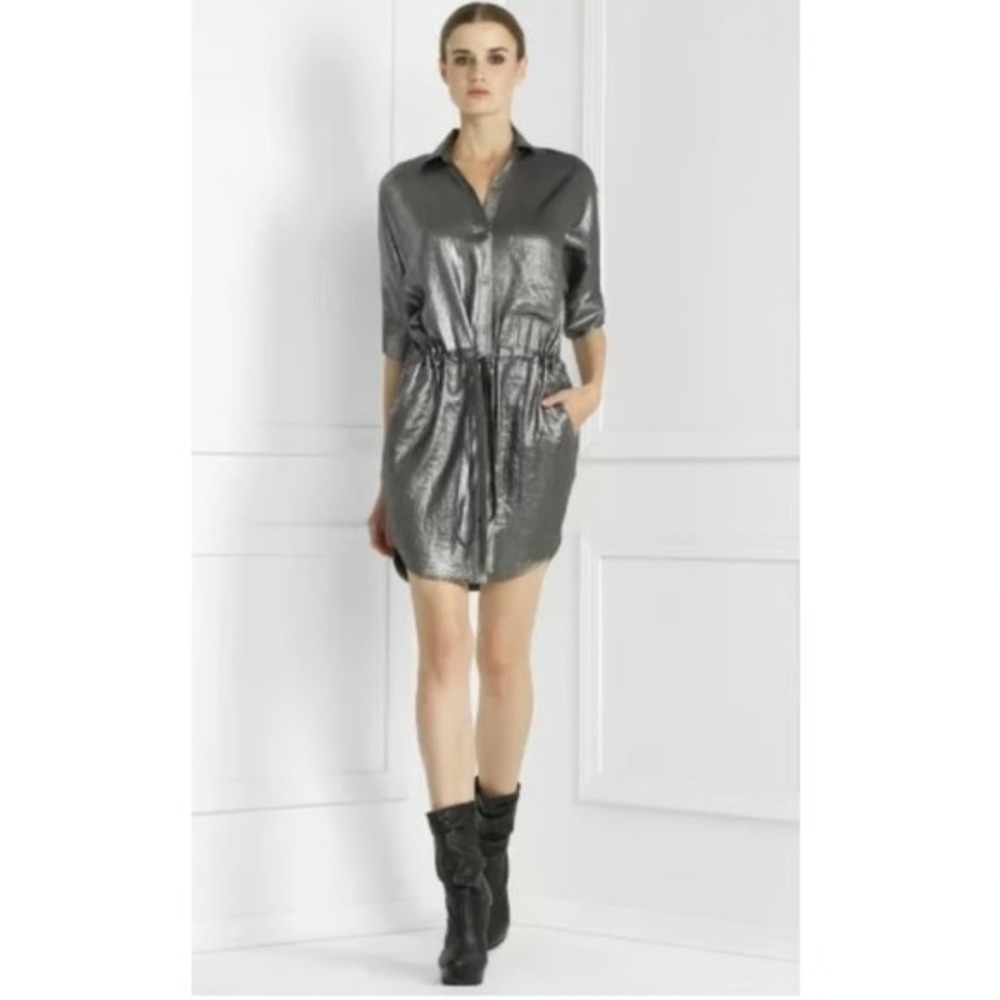 BCBG MAXAZRIA Metallic Gunmetal Grey Shirt Dress 3/4 Sleeve Pockets Size XXS
